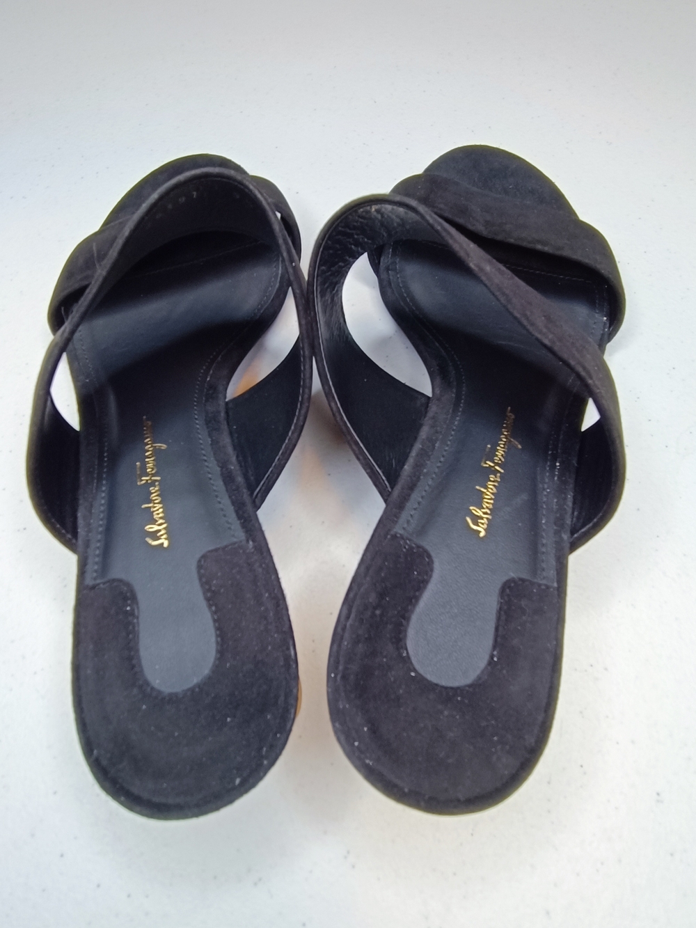 Salvatore Ferragamo Belluno Black Suede Slide Sandals Gold Flower Heel Size 9.5C - Picture 5 of 15
